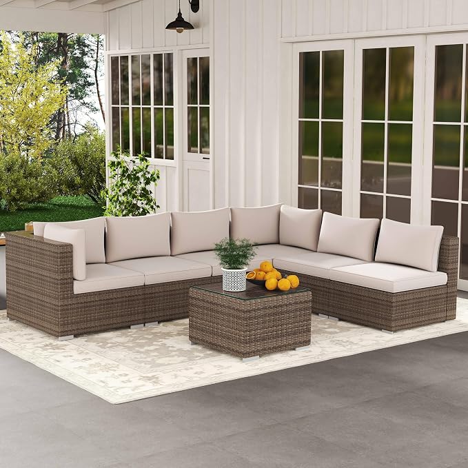 7-Piece Outdoor Patio Furniture Set, Outdoor Couch - Handwoven All-Weather Rattan & 4” Thick Waterproof Cushions, Wicker Outdoor Conversation Sets with Coffee Table for Backyard, 2026, Brown/Beige
