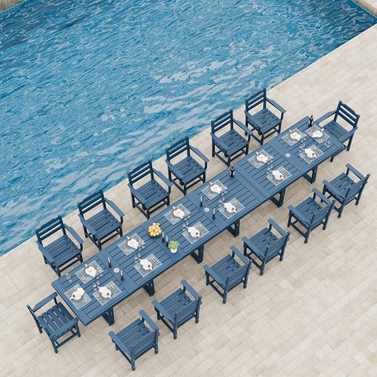K Knowbody 17-Piece Outdoor Patio Dining Table and Chairs Set, Seats 14 | Steel-Reinforced HDPE, 100 lb/sq ft Load Capacity, 2-Inch Umbrella-Ready Tables, All-Weather, Fade-Resistant, Navy Blue