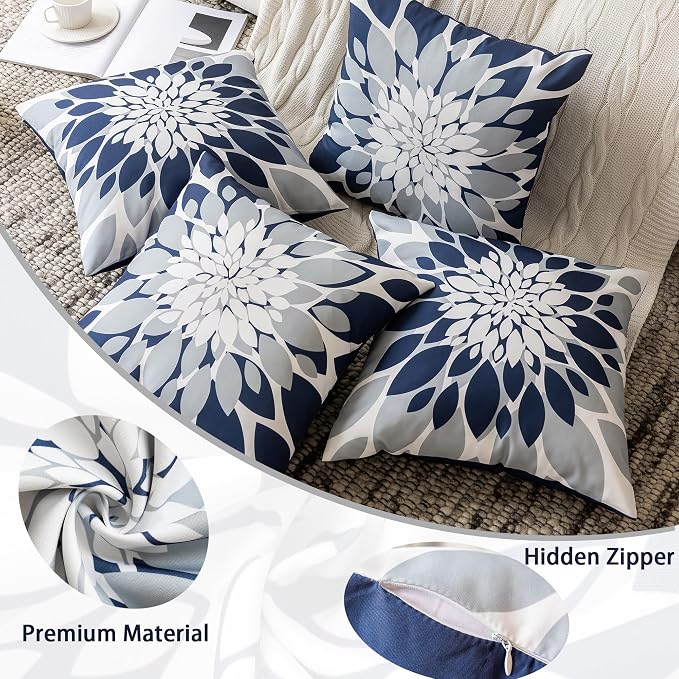 Pack of 4 Outdoor Waterproof Pillow Covers 20x20 Decorative Outdoor Throw Pillows Garden Square Cushion Cases for Patio Furniture, Couch, Tent Sunbrella, Bench, Navy Blue Grey