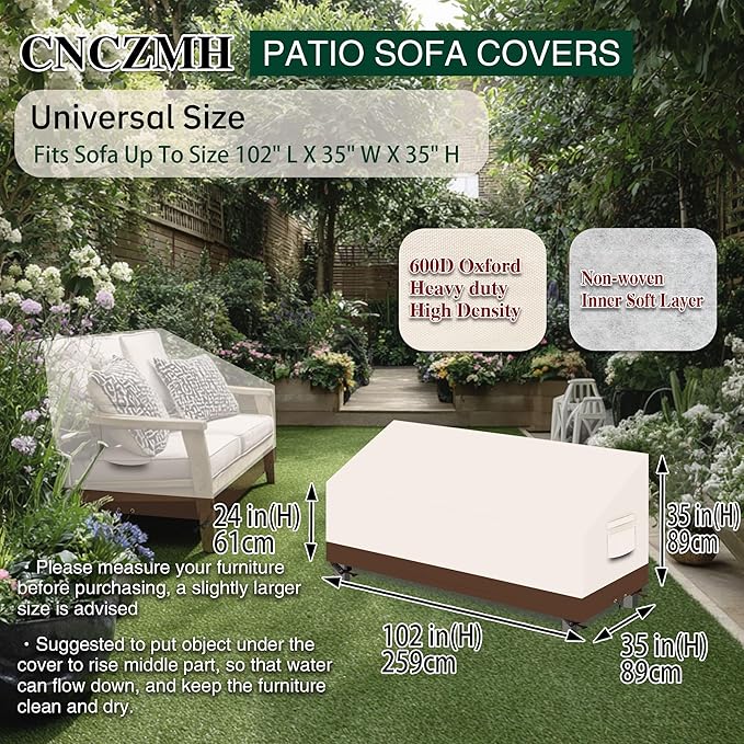 Heavy Duty Patio Sofa Covers Waterproof, Outdoor 3-Seater Couch Cover Waterproof, 600D Outdoor 2-Seater Loveseat Furniture Covers with Air Vent Handle 102''W x 35''D x 24''H/ 35''H Beige Brown