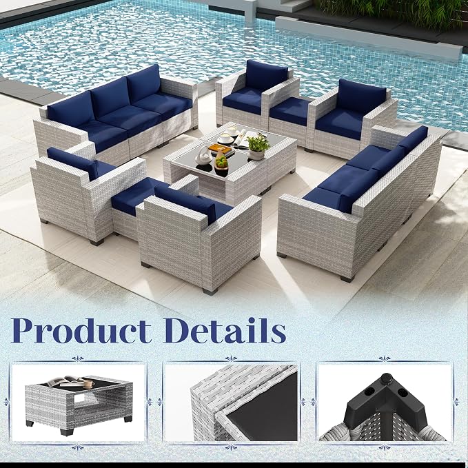 KIGOTY Patio Furniture Set 7 PCS Patio Conversation Sets, All-Weather PE Rattan Outdoor Sectional Sofa with Cushion and 2- Tier Glass Coffee Table（Grey White/Dark Blue）