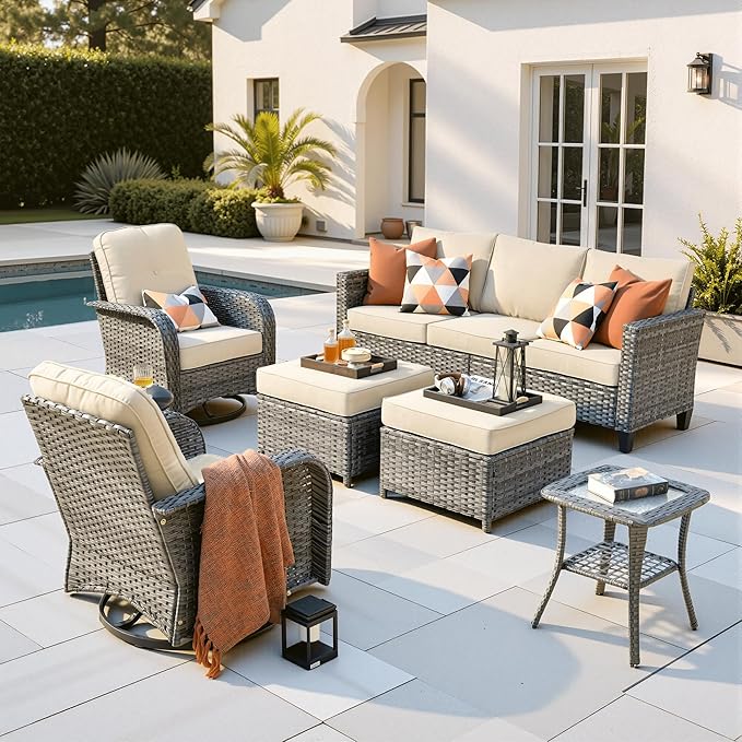 ovios 6 Pieces Patio Furniture Set, Outdoor Wicker Sofa Couch with Swivel Glider Chairs Comfy Cushions, Modern Deep Seat Rattan Conversation Sets for Deck Porch, Beige