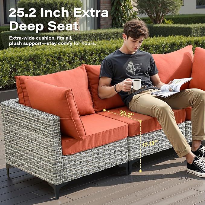 10 Pieces Outdoor Sectional Patio Furniture Set with Swivel Rocking Chairs, Wicker Conversation Sets Rattan L Shaped Couch, Modular Outdoor Sofa for Porch Balcony Backyard, Coarse Stripes Red