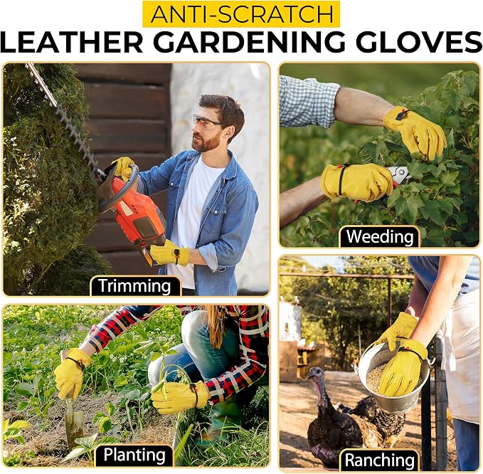 HANDLANDY Leather Gardening Gloves, Leather Work Gloves for Men Women | Durable Utility Men Women Garden Yard Working Glove, for Landscaping, Mechanic, Construction, Driving, Farming, Ranching