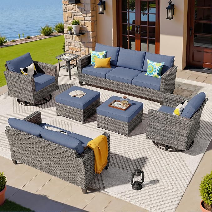 ovios 7 Pieces Patio Furniture Set, Outdoor Wicker Sofa Couch with Swivel Chairs, Rocking Glider Rocker with Comfy Cushions All Weather Rattan Conversation Set, Denim Blue