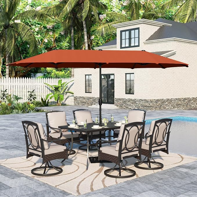 Sophia & William Patio Table and Chairs Set with Umbrella 8 Piece Outdoor Dining Set for 6 with 13ft Double-Sided Patio Red Umbrella, 6 x Swivel Patio Chairs, 1 Metal Table for Lawn Garden