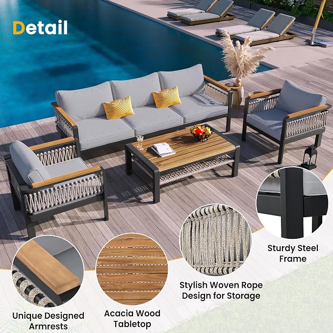 VilroCaz 4 Pieces Outdoor Sectional Sofa Set, All-Weather Patio Seating Group Cnversation Set with Cushions and Coffee Table for Patios Gardens Balcony, Sturdy Steel Frame (Grey+Metal & Wood)