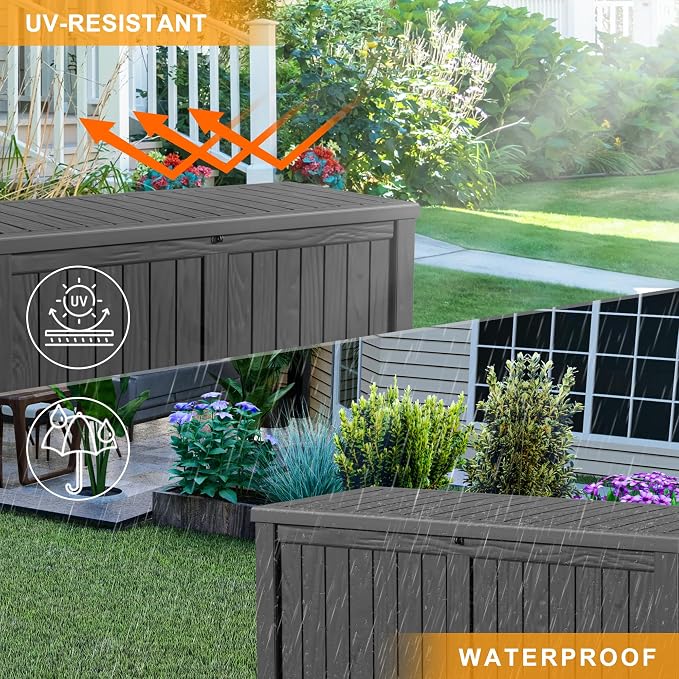 DRATO 150 Gallon Deck Boxes Outdoor Waterproof, Lockable Outdoor Storage Box for Patio Furniture Pool Supplies Garden Tools, Weatherproof Resin Storage Box for Backyard (Black, 150 Gallon)