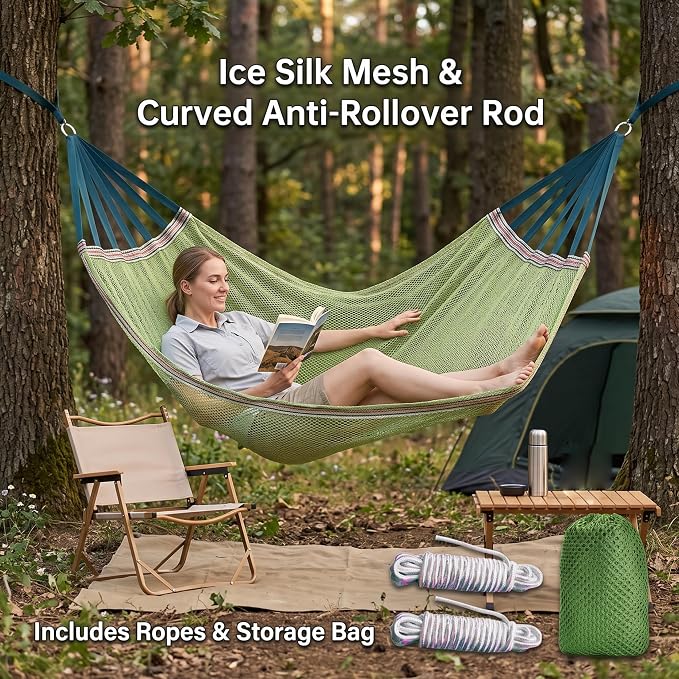 Hammock Camping, Breathable Mesh Portable Hammock, Anti-roll Outdoor Hammocks for Adults, Includes Storage Bag Green