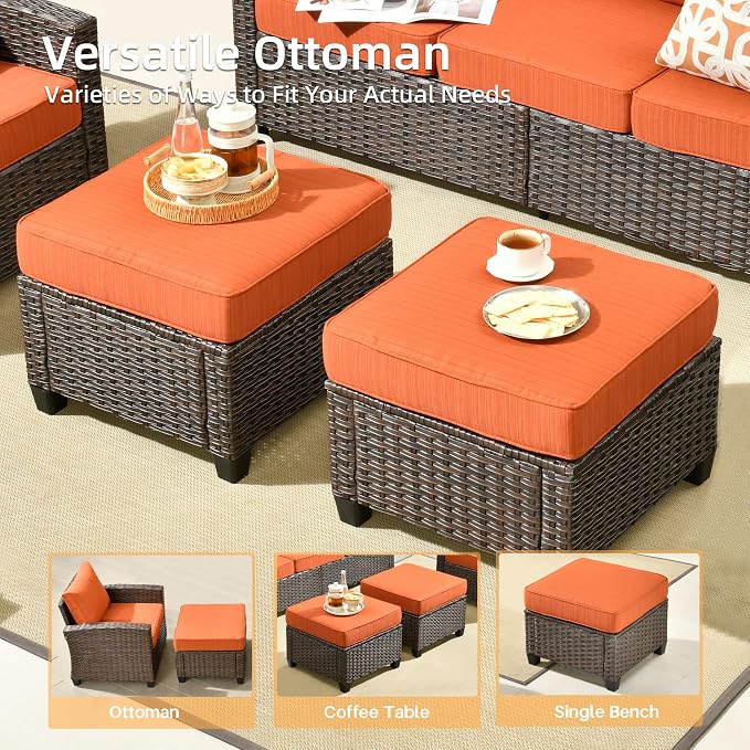 CAODOC Patio Furniture Sets, Outdoor Wicker Furniture with Ottomans, 5 Pieces Outdoor Sofa Couch Conversation Set with Cushioned Rattan Chairs for Garden Poolside Backyard, Red