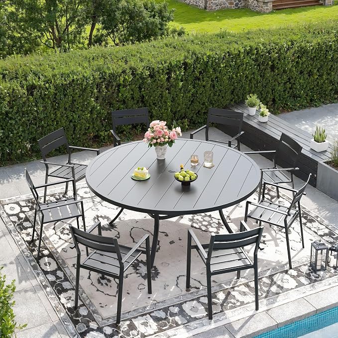 DIFY 9 Piece Outdoor Patio Dining Set for 8, Patio Table and Chairs Set with Umbrella Hole, 53" Round Dining Table and Stackable Metal Chairs for Backyard Garden Poolside, Black
