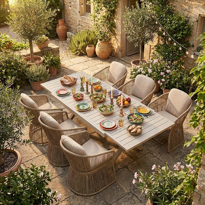 SUNSITT 9 Piece Outdoor Patio Dining Set, 65" - 107" Metal Expandable Outdoor Dining Table with X-Shape Legs, 8 Woven Wicker Outdoor Patio Chairs w/Curved Armrest for Garden, Beige
