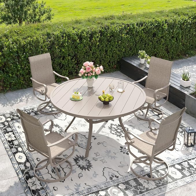 DIFY 5 Pieces Outdoor Dining Set for 4, Outdoor Furniture Set of 4 Textilene Swivel Patio Chairs, 47.2" Round Metal Dining Table with Umbrella Hole, for Garden Deck Backyard, Sandshell