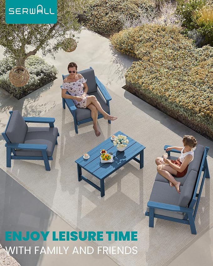 SERWALL HDPE Outdoor Patio Loveseat, Blue Frame and Grey Cushion