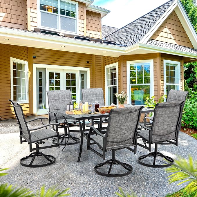 BUPPLEE Patio Dining Set for 6, 6 Piece Patio Swivel Chairs with 1 Piece Large Mental Rectangular Dining Table for Backyard Front Porch Pool Deck,Gray