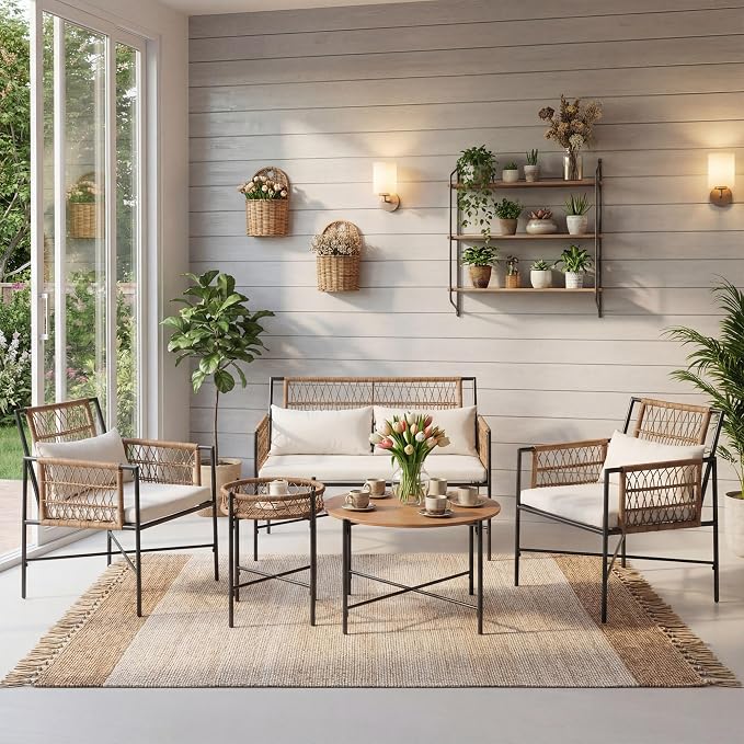 LAUSAINT HOME 5 Piece Patio Furniture Set, Outdoor Wicker Conversation Set with 2 PE Rattan Armchairs, 1 Loveseat with Cushions, Coffee Table & Side Table for Porch, Balcony, Garden, Poolside, Beige