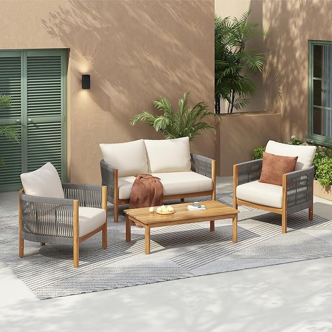 Christopher Knight Home Havets 4 Pieces Outdoor Acacia Furniture Set, Woven Rope Loveseat and Accent Club Chairs, Conversation Sets with 6" Thick Cushions for Backyard Garden Balcony, Gray+Beige