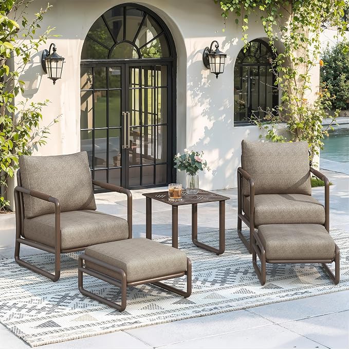 Outdoor Aluminum Patio Furniture Set with with 6.5" Thick Cushions,3-Piece Outdoor Sectional Conversation Set with 2 Ottomans, All-Weather Patio Set for Backyard & Deck，Brown