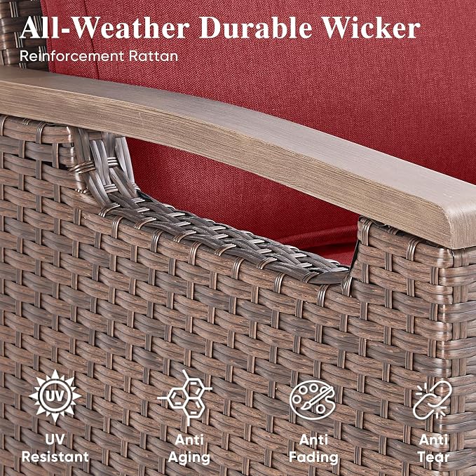 Rilyson Wicker Outdoor Patio Furniture Set of 6, 6 Piece Patio Conversation Sets with 4 Chairs and 2 Side Table, Thick Cushions, Waterproof Wicker, for Porch Deck Brown/Red