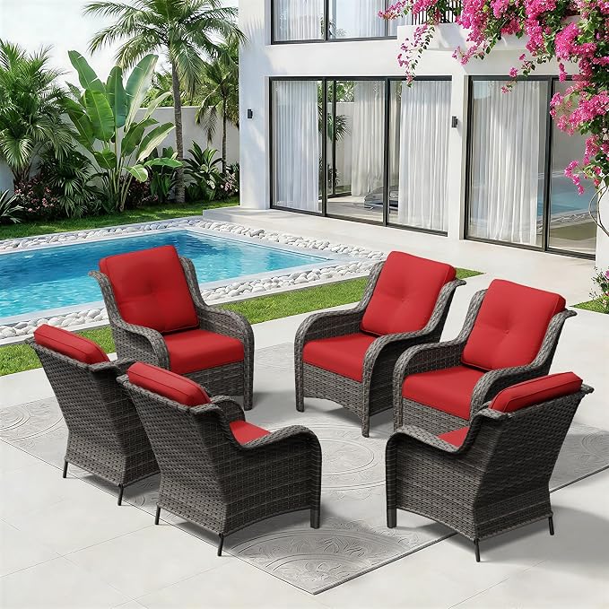6 Piece Outdoor Wicker Patio Furniture Set, Patio Chairs Set with Thickened Olefin Cushions, High Back and Deep Seating, Hand-Woven PE Rattan for Porch, Deck