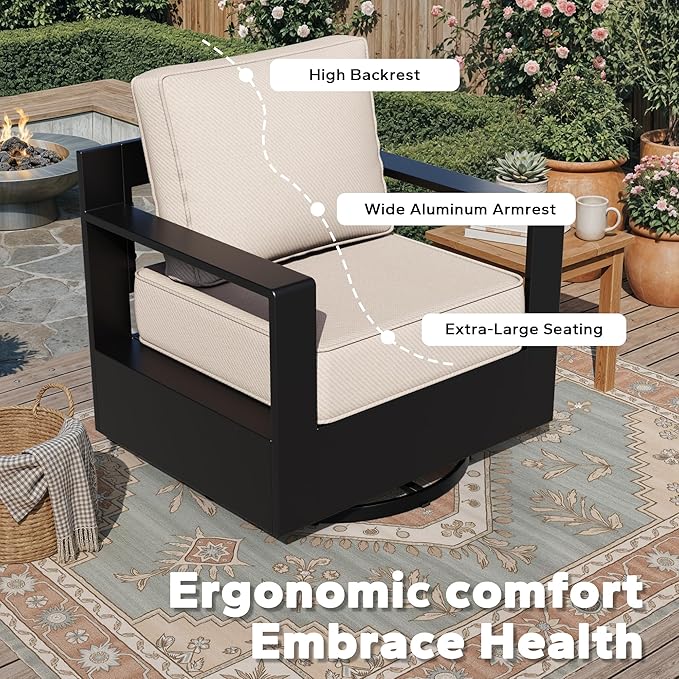 Outdoor Aluminum Furniture Set, 4-Piece Patio Conversation Set, 2 Swivel Chairs, 2 Sofa and 1 Table, All-Weather Metal Frame, 6" Thick Removable Cushions, Deep Setting for Garden, Porch