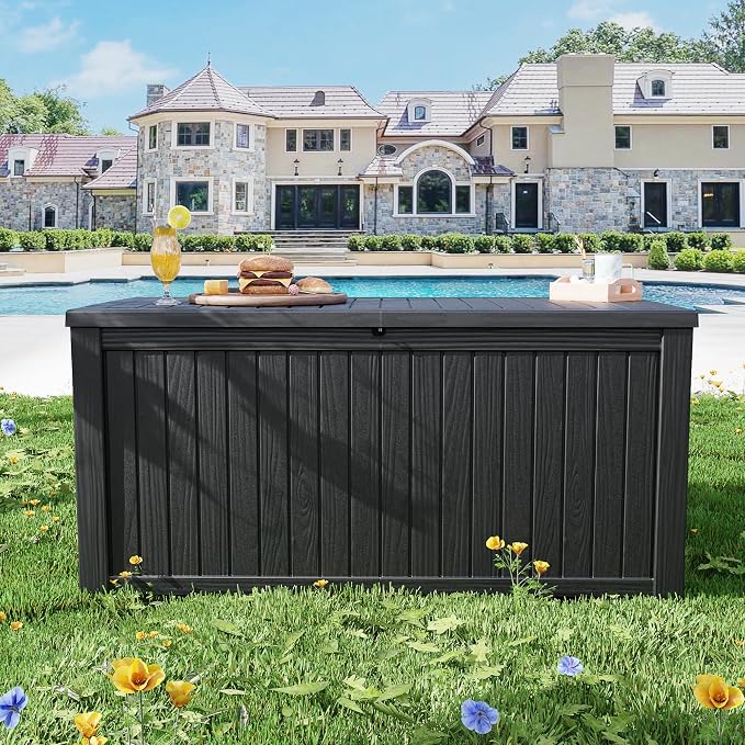 PatioZen 200 Gallon Deck Box, Outdoor Storage Box, Outdoor Storage Box for Cushions, Garden Tools, Furniture Storage,Waterproof, Lockable and Resin,Black