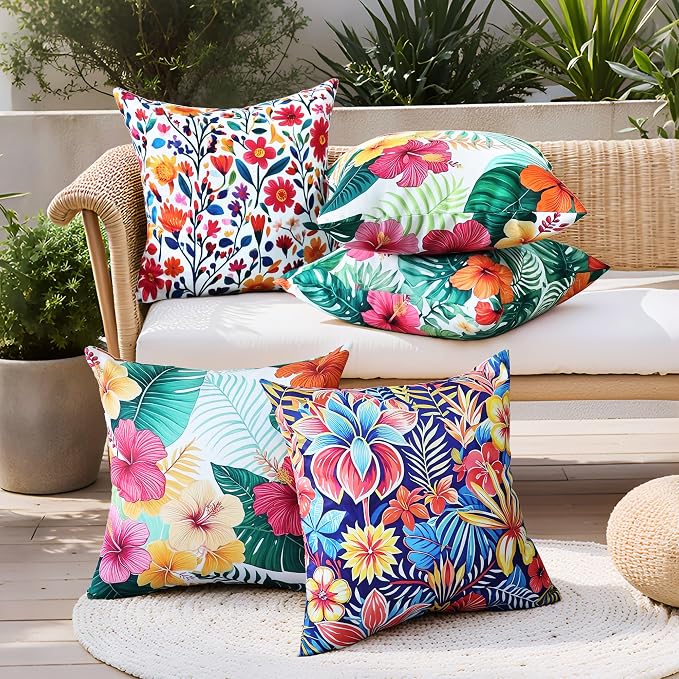 Outdoor Pillow Covers 18x18 Inch Set of 2 Tropical Floral Plants Boho Throw Pillows Cases Waterproof Square Garden Cushion Sham for Patio Funiture Tent Balcony Bench Sofa Couch, Green