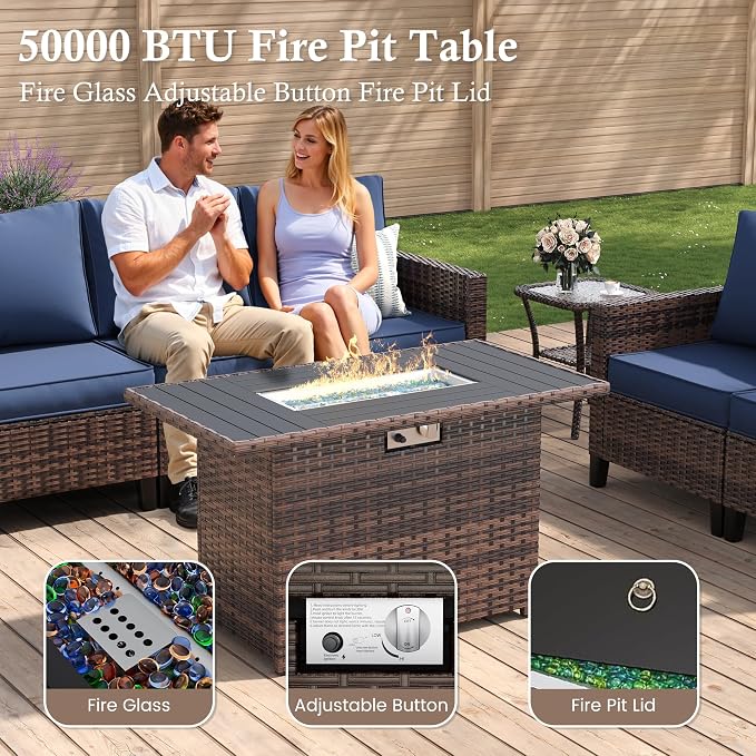 Amopatio Patio Furniture Set with Fire Pit Table, Wicker Outdoor Sectional Sofa with Swivel Rocker Chairs, All-Weather Rattan Conversation Set, Waterproof Cover for Backyard, Deck Brown/Navy 6 PCS