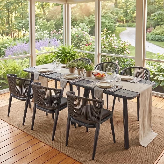 8-Pcs Aluminum Outdoor Dining Set, All-Weather Rattan Patio Furniture Set Include Two 51.2" Rectangular Tables & 6 PE Wicker Chairs with Waterproof Cushions for Balcony Backyard Garden Deck BBQ (Grey)