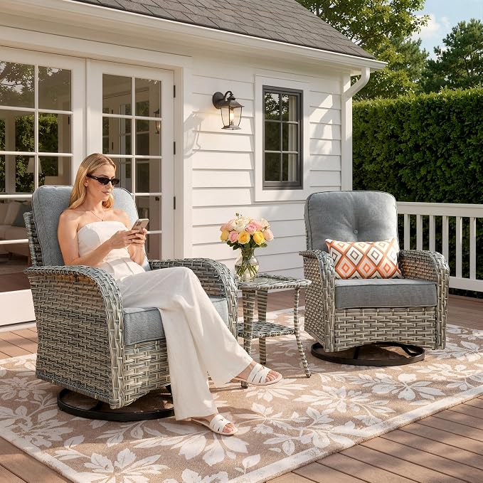 Outdoor Swivel Rocking Chair Set of 2 with Coffee Table, Wicker Patio Glider Chairs with 4 Inch Thick Cushions, 350lbs Capacity High Back Rattan Furniture Set for Sunroom and Small Spaces, Dark Gray