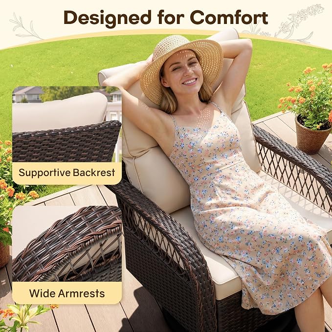Devoko Patio Furniture Set Outdoor 3 Pieces Wicker Swivel Rocking Chairs Set of 2 with Coffee Table, Patio Conversation Set for Porch, Balcony, Deck, Garden (Brown)