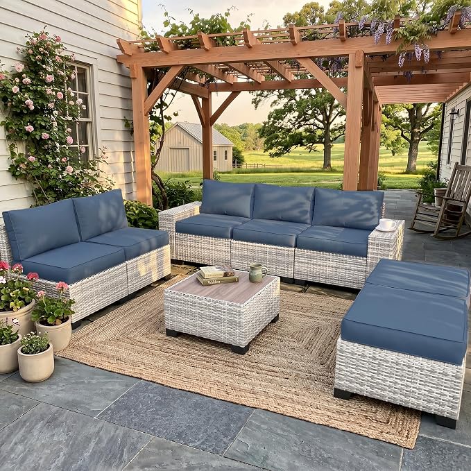 8-Piece Outdoor Patio Furniture Set Wicker Rattan Sectional Sofa Set with Ottomans, Patio Conversation Set with Thickened Cushions & Coffee Table for Garden, Backyard, Navy Blue