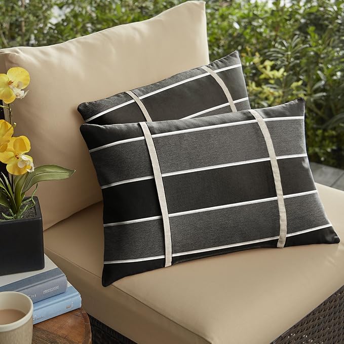 Sorra Home x Sunbrella - Indoor/Outdoor Lumbar Pillows (Set of 2), 12 x 18 in, Black & Grey Stripes