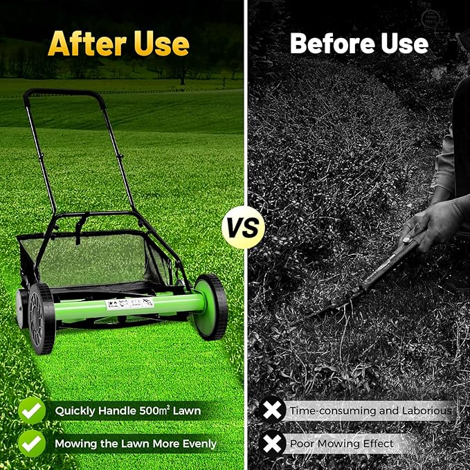 20” Manual Push Reel Lawn Mower Push Lawn Sweeper with 23L Collection Bag, 5 Blades
