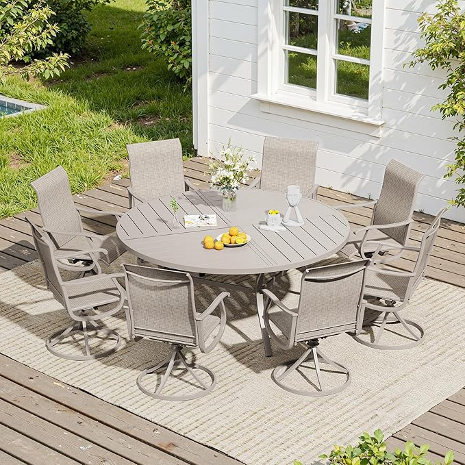 VICLLAX 9 Pieces Patio Dining Set, Patio Furniture Set of 8 Patio Swivel Dining Chairs and 60" Patio Spliced Round Tabletop, Sandshell Chairs & Sandshell Tabletop