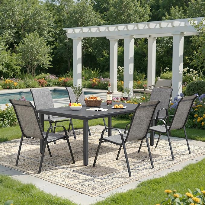 DIFY 7 Piece Outdoor Dining Set, 63" Rectangle Metal Patio Table and Textilene Stackable Chairs for 6, All Weather Patio Furniture Set with Umbrella Hole for Backyard Garden Deck, Grey