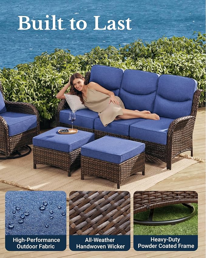 HILLGA Luxury Outdoor Patio Furniture Set with 6-Inch Thick Cushions, High Back Wicker Swivel Rocker Chairs, 11 Pcs All Weather Conversation Set for Large Deck, Yard and Poolside, Blue (V3)