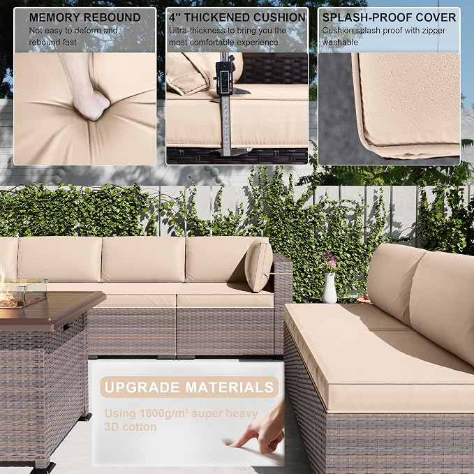Kullavik 13PCS Outdoor Patio Furniture Set,PE Wicker Rattan Sectional Sofa Patio Conversation Sets with 43" 55000BTU Gas Propane Fire Pit Table,Swivel Rocking Chairs Set,Sand