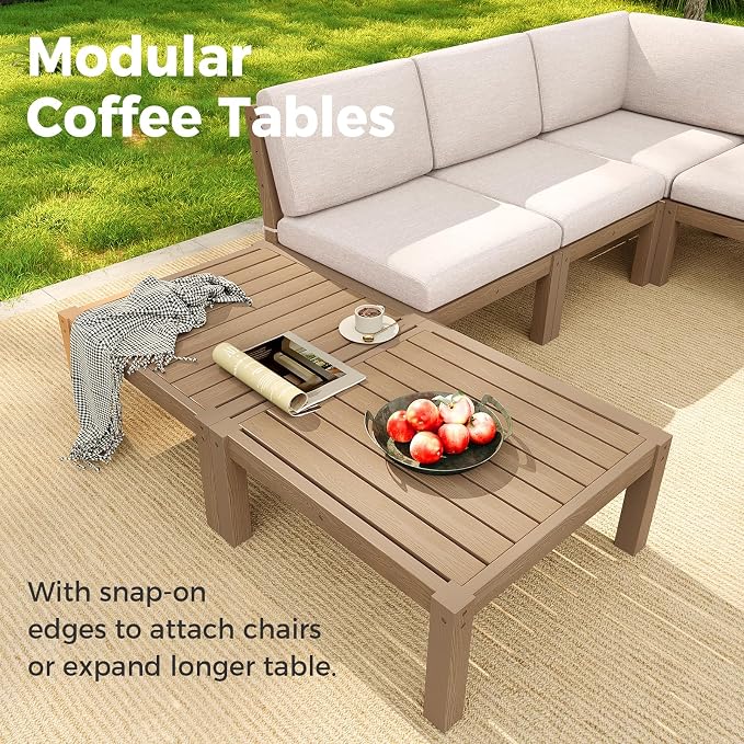 Modular Outdoor Patio Furniture Coffee Table, HIPS All-Weather Outdoor Sectional Sofa Table, Side Interlock for Expansion, Patio Side Table for Backyard, Balcony, Deck (Teak)