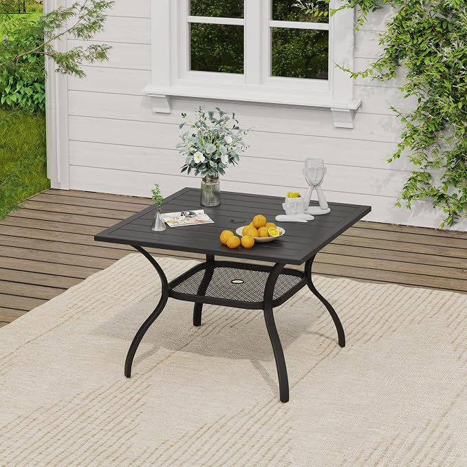 VICLLAX 5 Pieces Patio Dining Set, 4 Stakable Wicker Outdoor Chairs and Patio Square Metal Table with Umbrella Hole for Backyard Lawn Deck, Black Tabletop