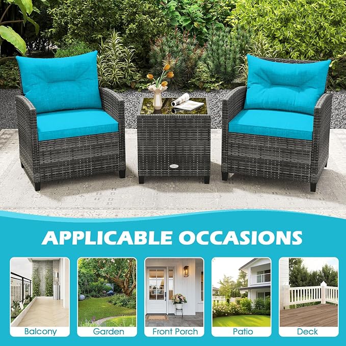 ORALNER Patio Furniture, 3 Pieces Outdoor Wicker Conversation Set Chairs with Soft Cushions and Glass Coffee Table, Rattan Bistro Set for Balcony Garden Deck Front Porch Poolside (Turquoise)