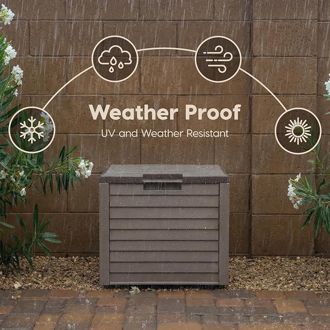 IRIS USA 35-Gallon Outdoor Deck Storage Box, Lockable & UV-Protected, Weather-Resistant Patio Storage for Cushions, Garden Tools & Packages, Waterproof Resin, Durable & Stylish Design - Brown