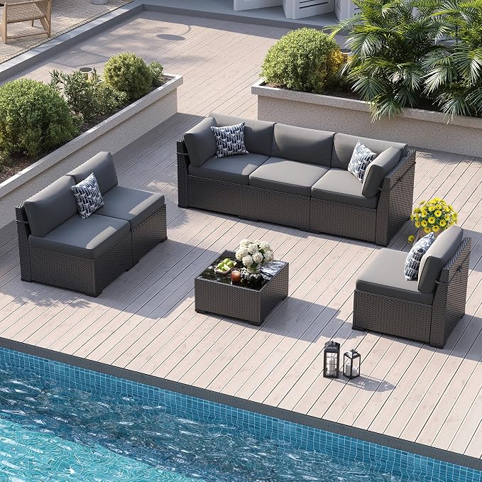 Patio Furniture Sets, 7-Piece Outdoor Patio Furniture with Thick Cushions,Coffee Table Outdoor All-Weather Conversation Set Sectional Sofa for Backyard, Poolside, Garden(Grey)