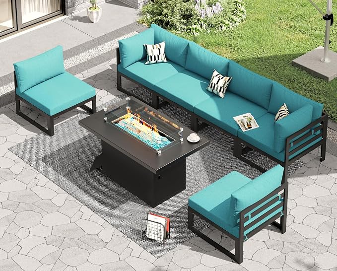 RADIATA 6 Person Large Modern Aluminum Outdoor Patio Furniture Set with Fireplace, 29" Wide Deep Seating, L Shaped Combo Sectional Couch, Water Resistant Conversation Set for Backyard Terrace, Teal
