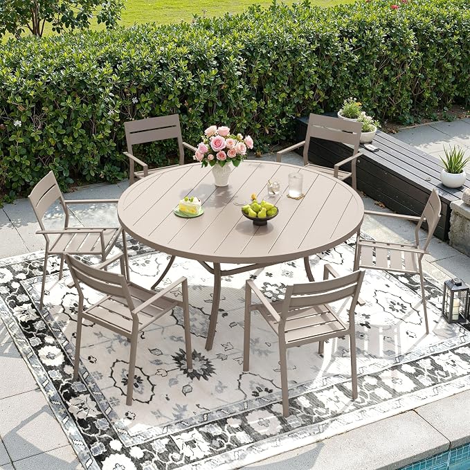 DIFY 7 Piece Outdoor Patio Dining Set for 6, Patio Table and Chairs Set with Umbrella Hole, 50" Round Dining Table and Stackable Metal Chairs for Backyard Garden Poolside, Sandshell