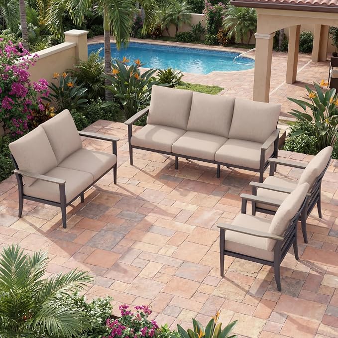 Aluminum Outdoor Patio Furniture Set 7-Seat, Patio Conversation Set Sectional Furniture Set with High Backrest & Thickened Cushions for Garden, Backyard, Poolside, Sand