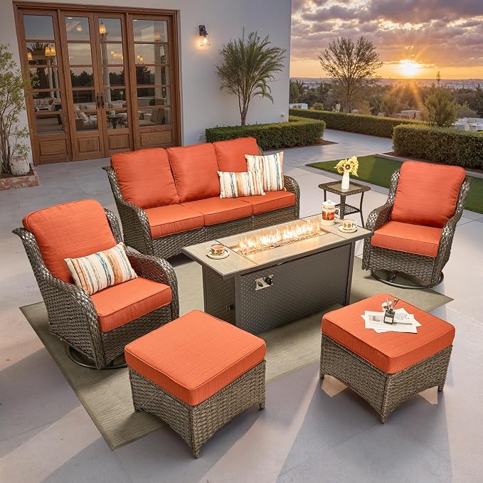 ovios 7-Piece Patio Furniture Set with Swivel Chairs Side Table, Outdoor Wicker Sofa with 54" Fire Pit Table, High Back Couch Modern Conversation Sets, Brown/Orange Red