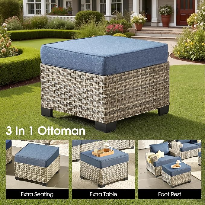 Outdoor Sectional Patio Furniture Set,9 Pieces All Weather Rattan Wicker Conversation Sets,Out Door Furniture with Ottoman Single Chair,Denim Blue