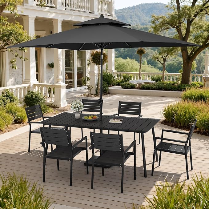 7-Piece Outdoor Dining Set for 6 Person with Black Wood-Grain Top | Armrest Stackable Chairs with 19.4" Seat Depth, Aluminum Frame Dining Furniture with Umbrella Hole for Deck, Porch & Backyard