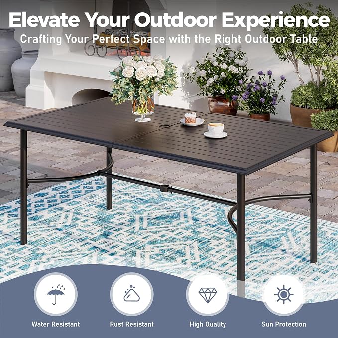 SUNSHINE VALLEY 7 Piece Patio Dining Set for 6, 67x38 Wood-Like Metal Table with Umbrella Hole and 6 Pcs Rust-Proof Stackable Chairs, Outdoor Table and Chairs Set for Backyard Garden Deck (Style 1)